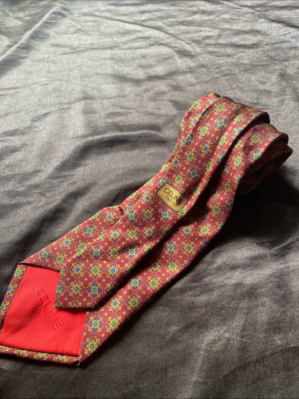 Celine Burgundy Silk Tie with Green and Blue Medallions - Picture 2 of 2